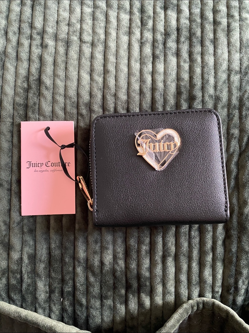 Juicy Couture Black Zip Card Wallet with Gold Heart Emblem